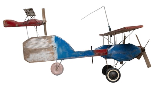 Large Folk Art Wooden Airplane Whirligig in Blue and Red Paint