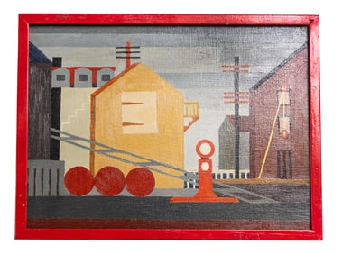Vintage Modernist Industrial Landscape Painting with Red Frame
