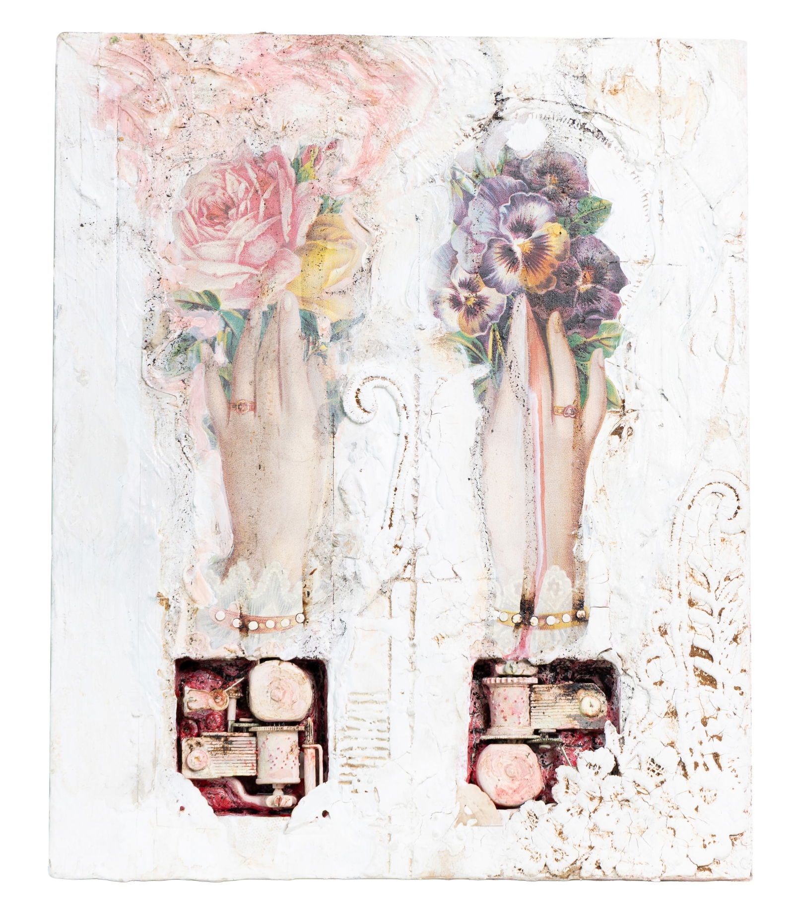 1998 Carl Clovis Mixed-Media Artwork 'Music Box' with Floral Collage (1 of 4)