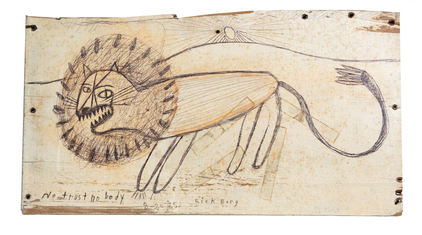 Rick Borg Folk Art Lion Drawing on Board, Dated 1985: A raw and expressive folk-art drawing by Rick Borg, featuring a stylized lion with bold teeth and radiating mane lines. The board surface shows age, tape marks, and the artist’s handwritten title 'N