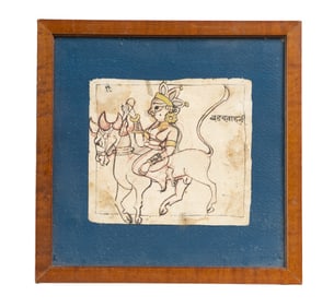 Framed Indian Tantric or Folk Drawing of a Rider and Sacred Bull