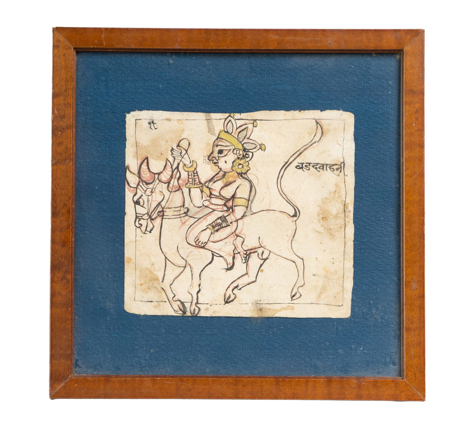 Framed Indian Tantric or Folk Drawing of a Rider and Sacred Bull (1 of 3)
