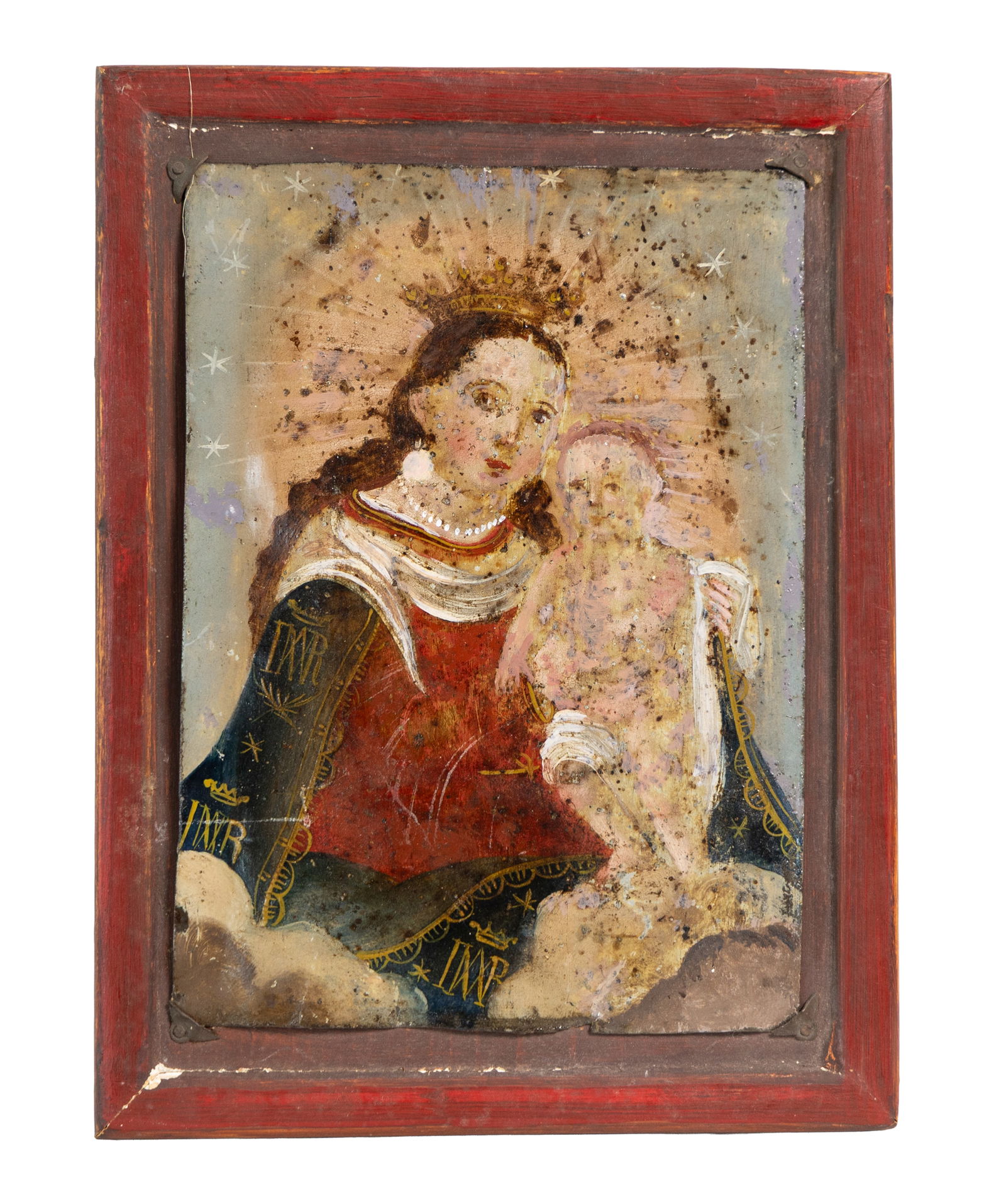 Antique Reverse Glass Painting of Madonna and Child in Red Frame (1 of 3)