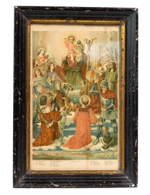 Large Antique Religious Chromolithograph of Saints in Original Black Frame