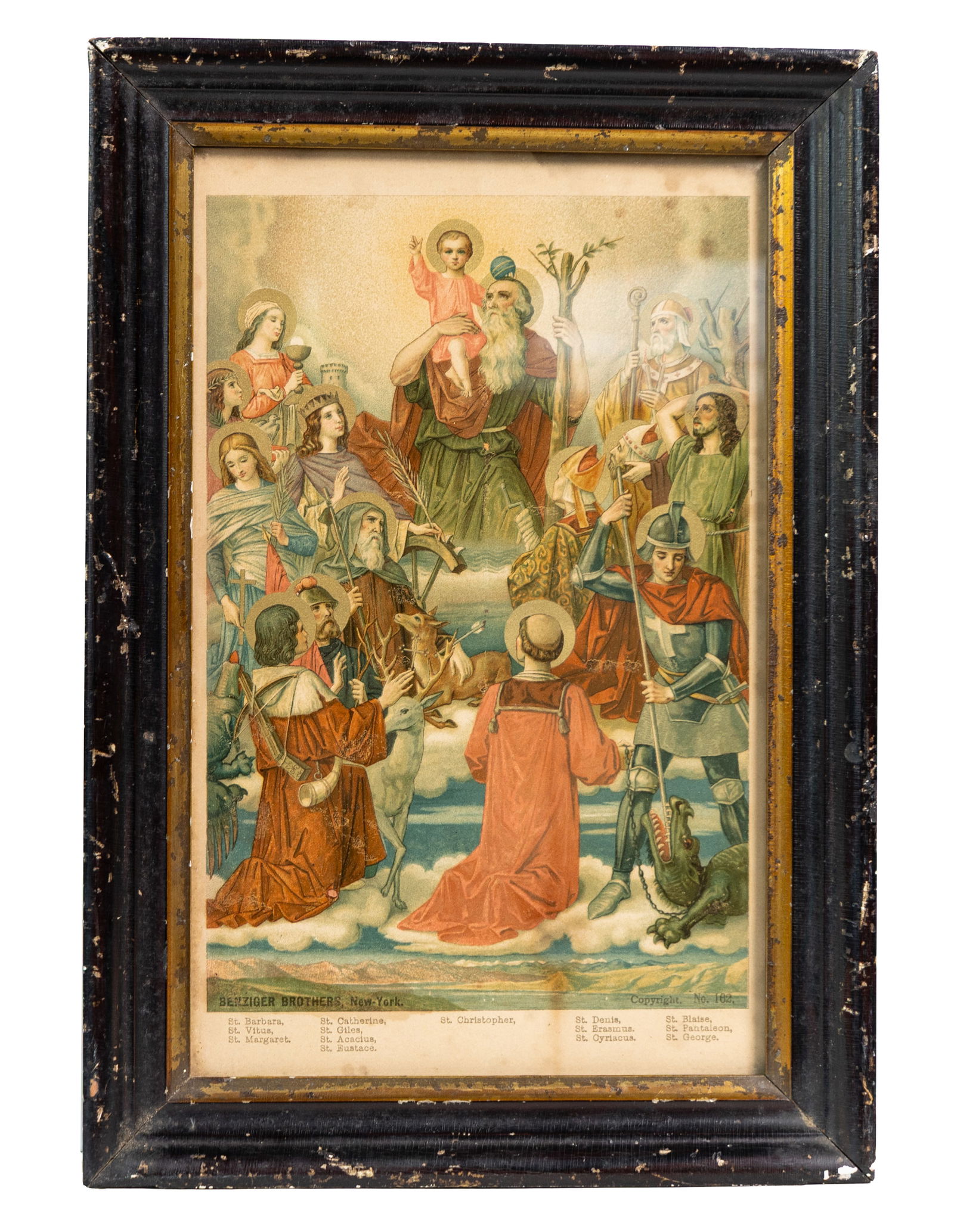 Large Antique Religious Chromolithograph of Saints in Original Black Frame (1 of 4)