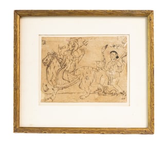 Framed Indian Folk Drawing of Deities on Lion Mount