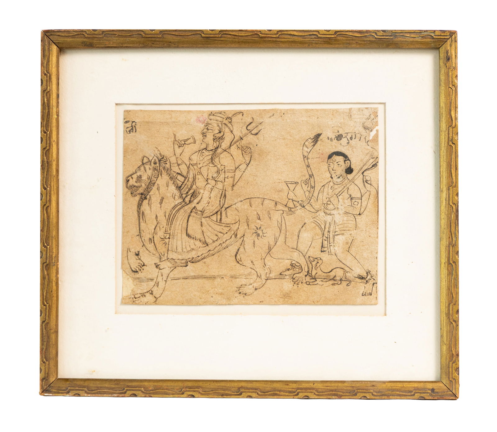 Framed Indian Folk Drawing of Deities on Lion Mount (1 of 2)