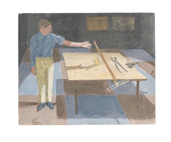 Small Modernist Gouache Study of Man with Table and Tools