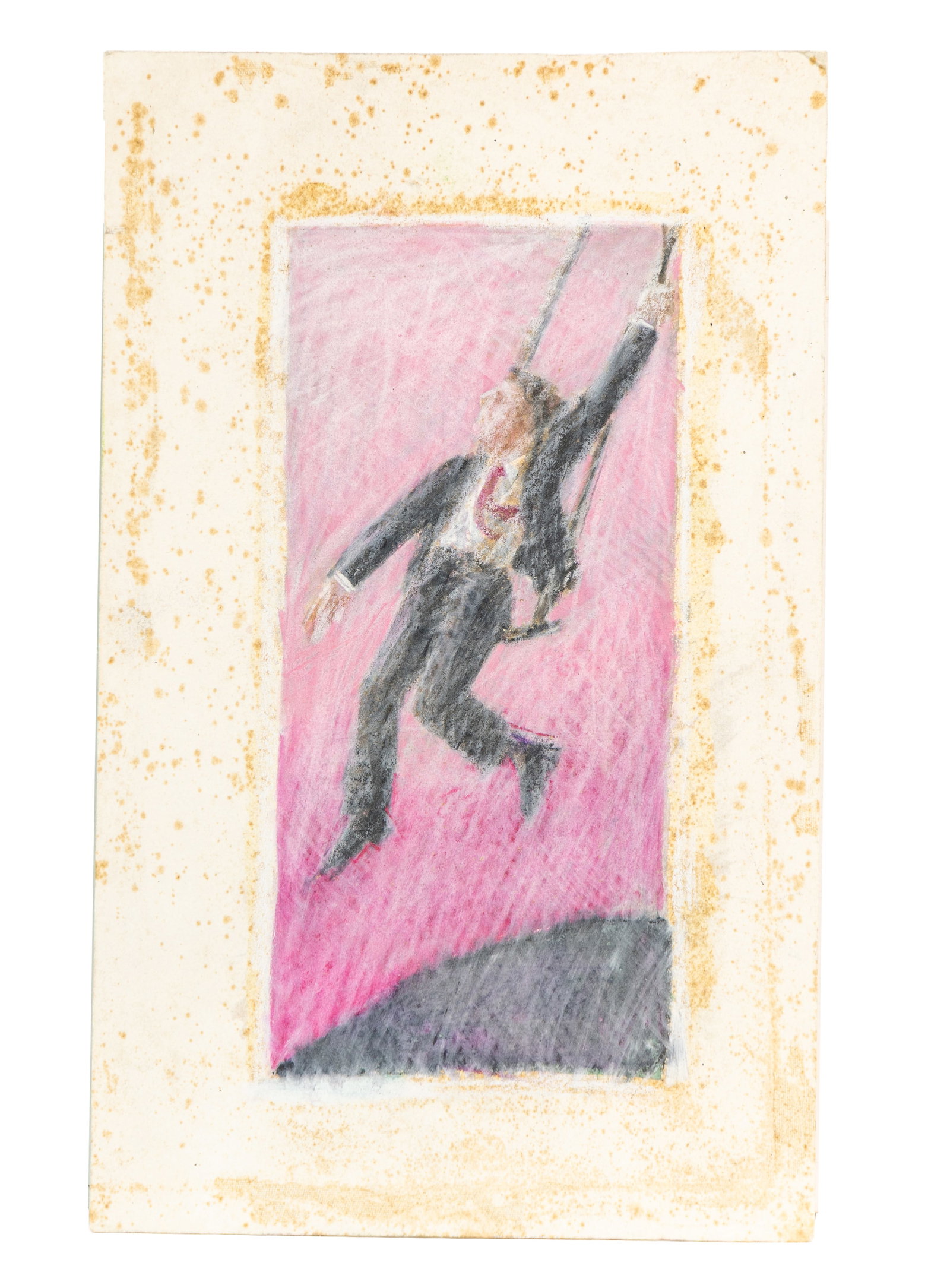 Surrealist Mixed-Media Figure Swinging Against Pink Background: Mixed media work depicting a suited figure suspended mid?air before a vivid pink ground. Gentle abrasions and foxing along the border add to its vintage, dreamlike quality. Measures approx. 7.5" × 12