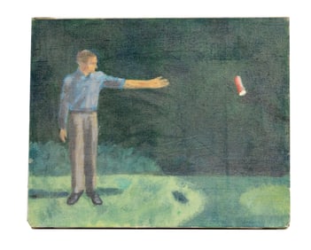Modernist Oil Painting of Man Tossing Object Across Green Field