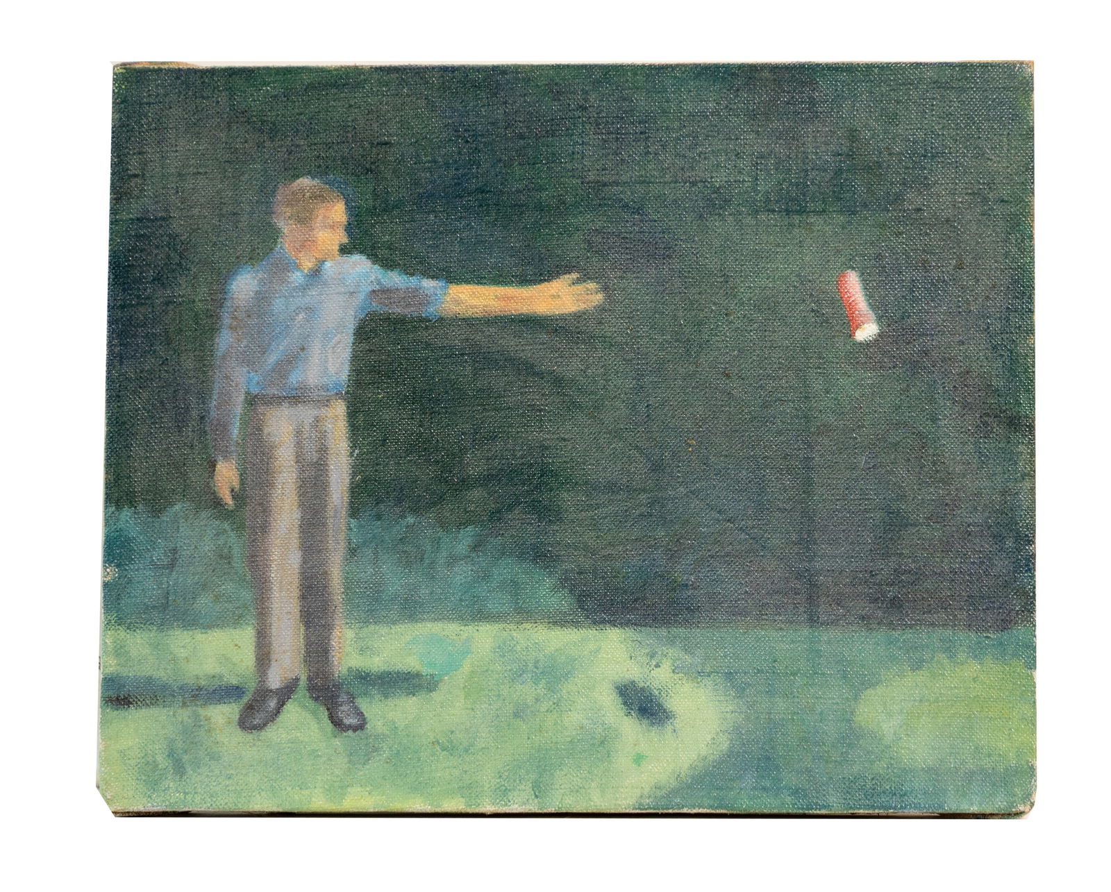 Modernist Oil Painting of Man Tossing Object Across Green Field (1 of 2)