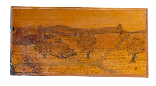 Large Pyrography Farm Landscape Scene on Wood Panel