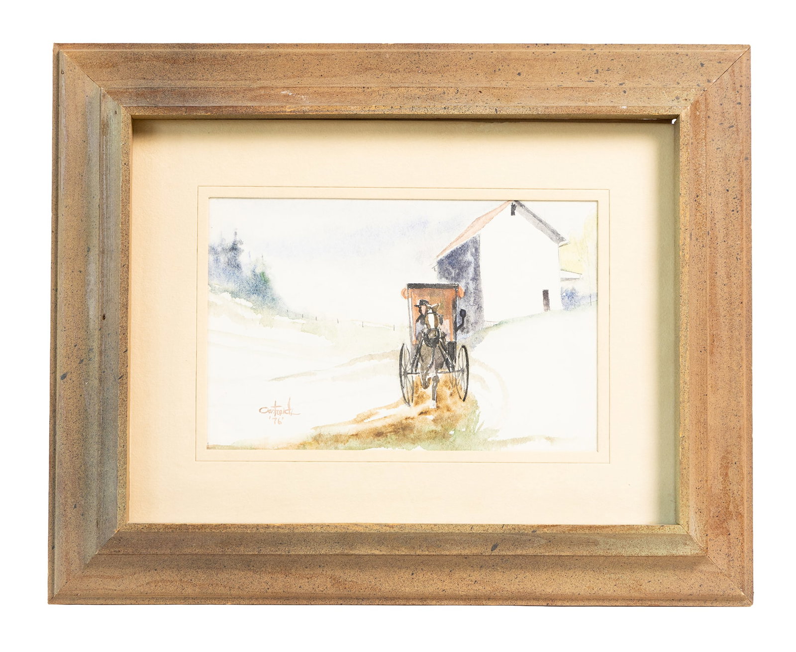 Amish Horse and Buggy Watercolor: A serene watercolor depicting an Amish horse and buggy on a country road. Dimensions approx 15 1/2 x 12 1/4 in frame; image 8 1/2 x 5 3/8 in. Size is measured and written on the back of the painting o