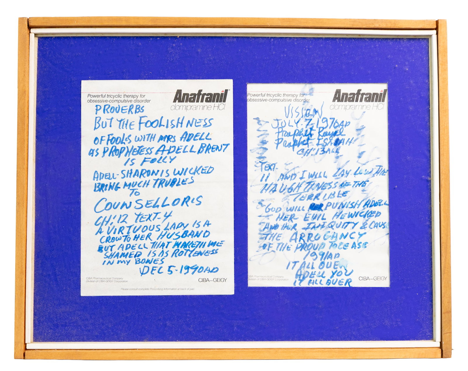 Prophetic Notes on Anafranil Notepads Prophet Royal Robertson: Two handwritten prophetic notes on pharmaceutical notepads, framed together. Dimensions approx 17 x 13 1/2 in frame; inner 12 x 8 1/2 in. Size is measured and written on the back of the painting or ne