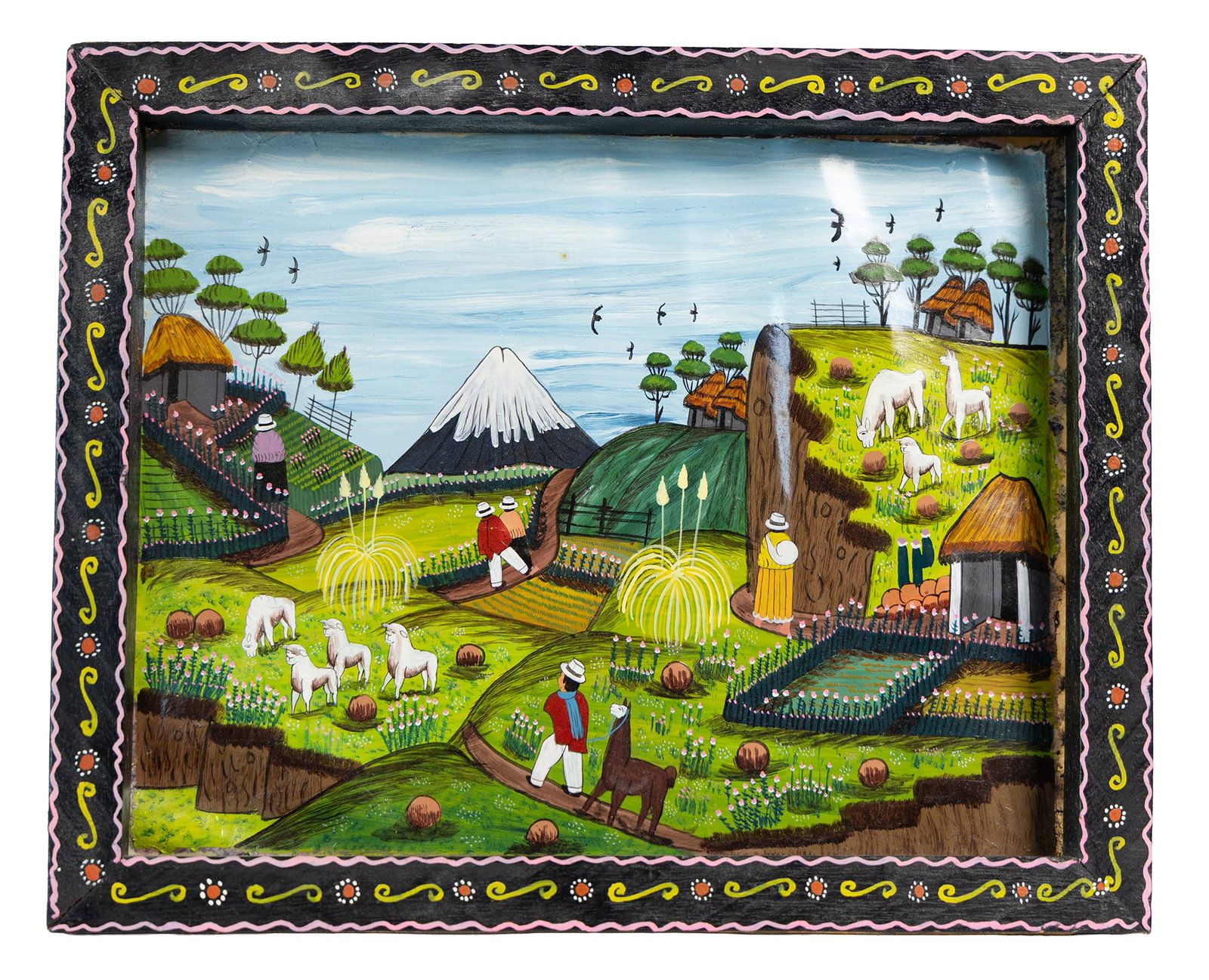Latin American Folk Painting with Llamas: Vibrant folk art scene of Andean village life with llamas, terraced fields, and volcano backdrop. Dimensions approx 11 3/8 x 9 1/4 in frame; inner 9 3/4 x 7 3/4 in. Size is measured and written on the