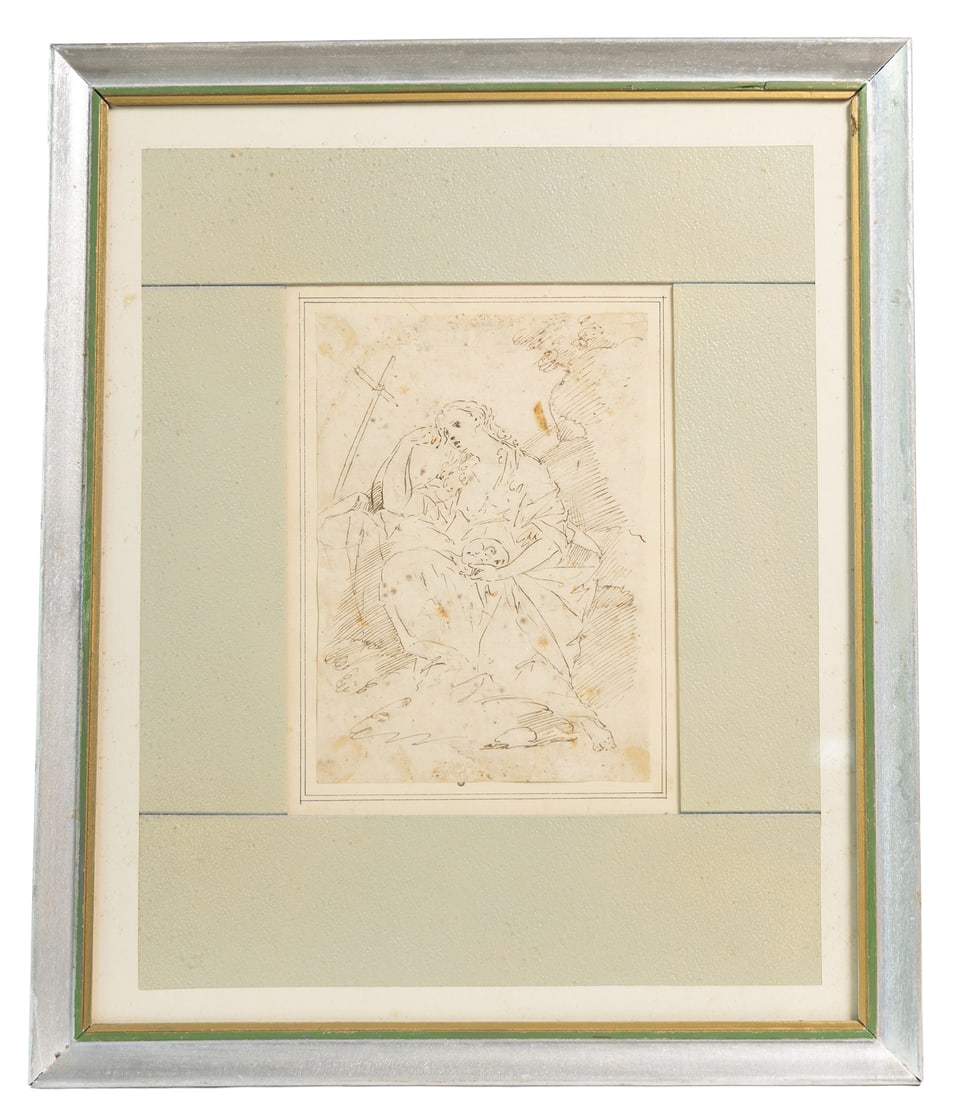 Antique Framed Religious Line Drawing of Mary Magdalene in the Wilderness, Old Master Drawing (1 of 2)
