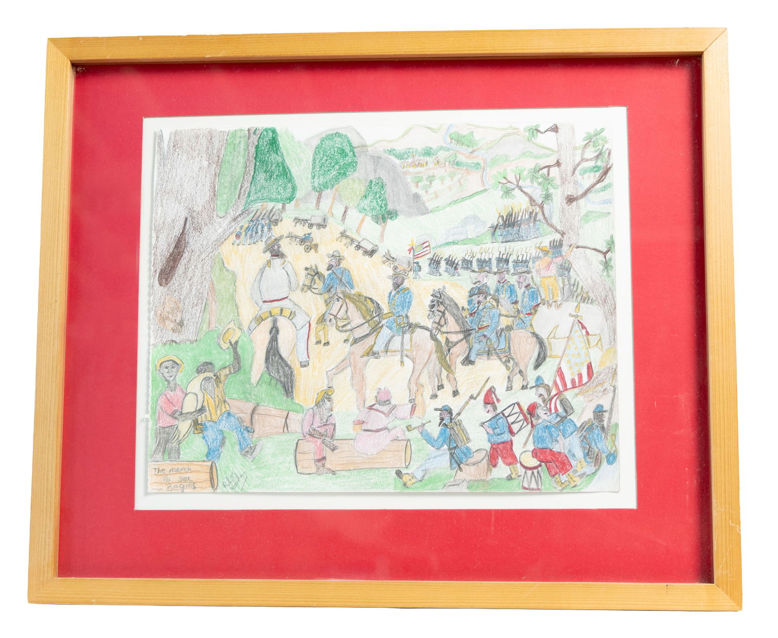 Colorful Folk-Art Civil War Battle Scene Drawing in Bright Red Frame (1 of 4)