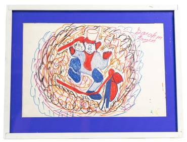 Vibrant Abstract Clown Drawing in Blue, Red & Orange — Energetic Outsider Art Composition
