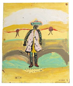 Colorful Folk Art Painting of a Lone Figure in Desert Landscape With Bold Outsider Style Brushwork