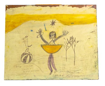 Whimsical Rick Potts Outsider Art Painting With Figurative Scene, Handwritten Notes & Playful Imager