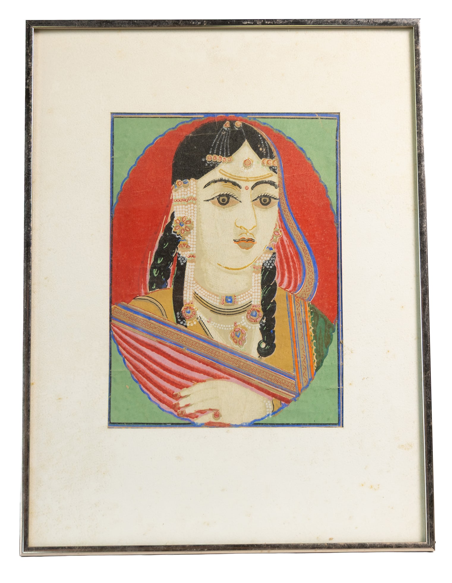 Framed Indian Miniature-Style Portrait Painting of a Bejeweled Woman in Vibrant Traditional Dress (1 of 3)
