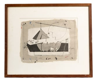 Surreal Mid-Century Abstract Ink Drawing With Geometric Forms and Imaginative Figures