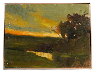 Atmospheric Antique Oil Landscape Painting With Dramatic Sunset Sky and Reflective Waterway