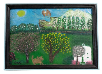 Whimsical Folk Art Landscape by K.M. Smith With Blooming Trees, Mountains, Dog & Eagle