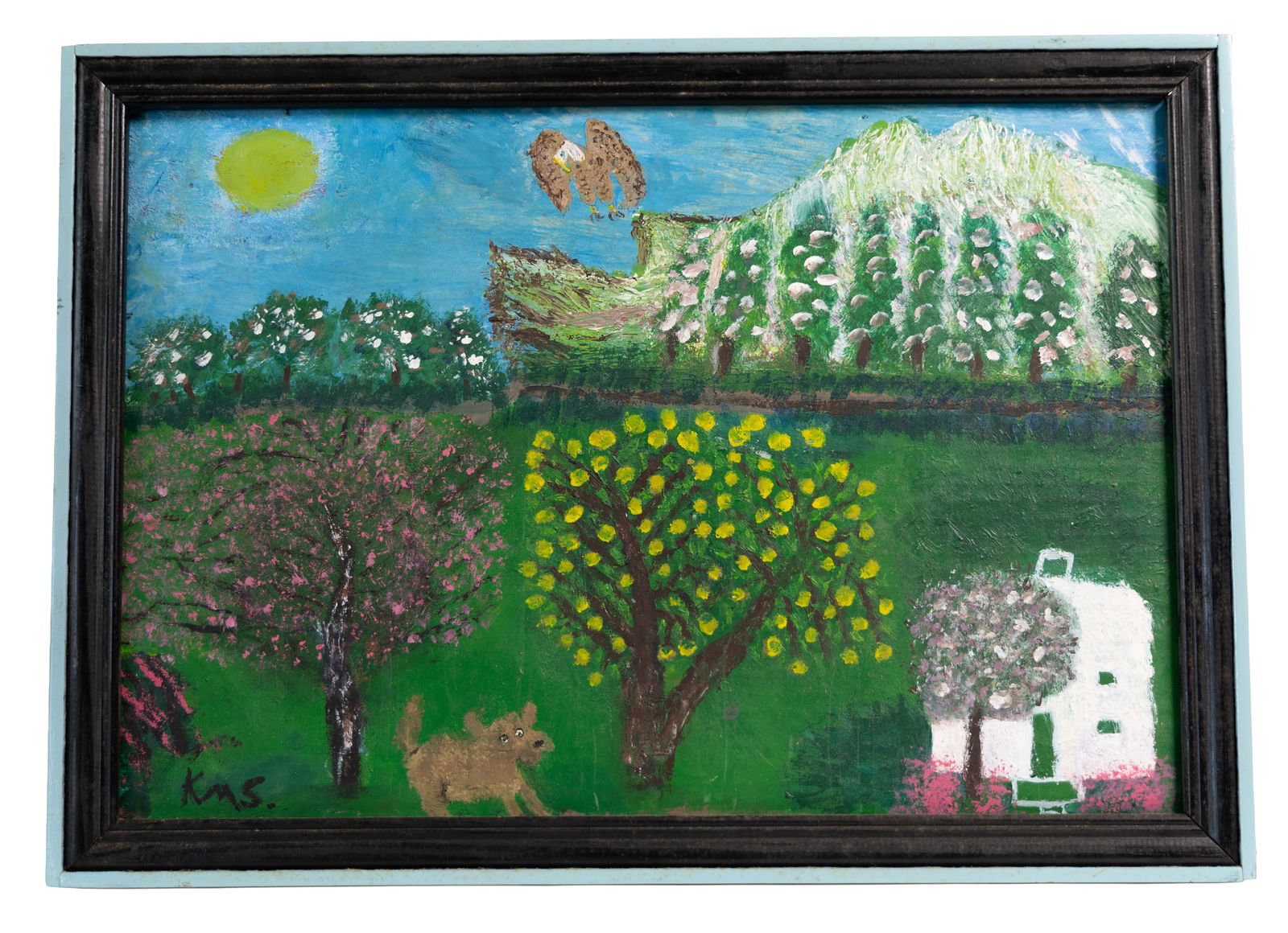 Whimsical Folk Art Landscape by K.M. Smith With Blooming Trees, Mountains, Dog & Eagle (1 of 4)