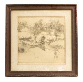 Vintage Etched Landscape Print of Trees and Water, Framed in Rustic Brown Wood