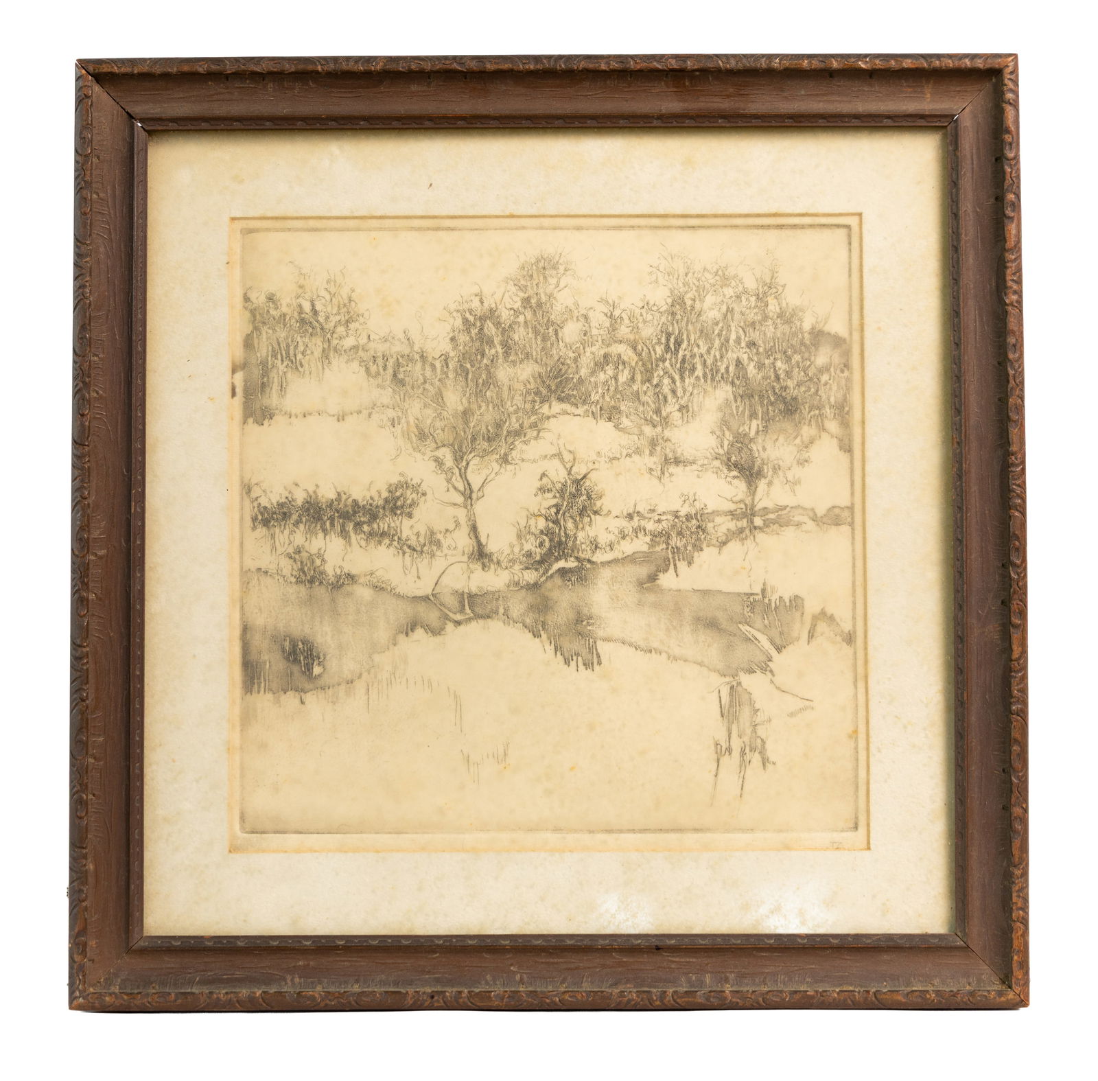 Vintage Etched Landscape Print of Trees and Water, Framed in Rustic Brown Wood (1 of 3)