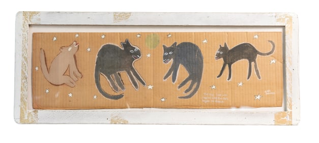 Cher Shaffer “The Dog’s Tune” Folk Art Cats Dancing Under a Starry Night, Painted on