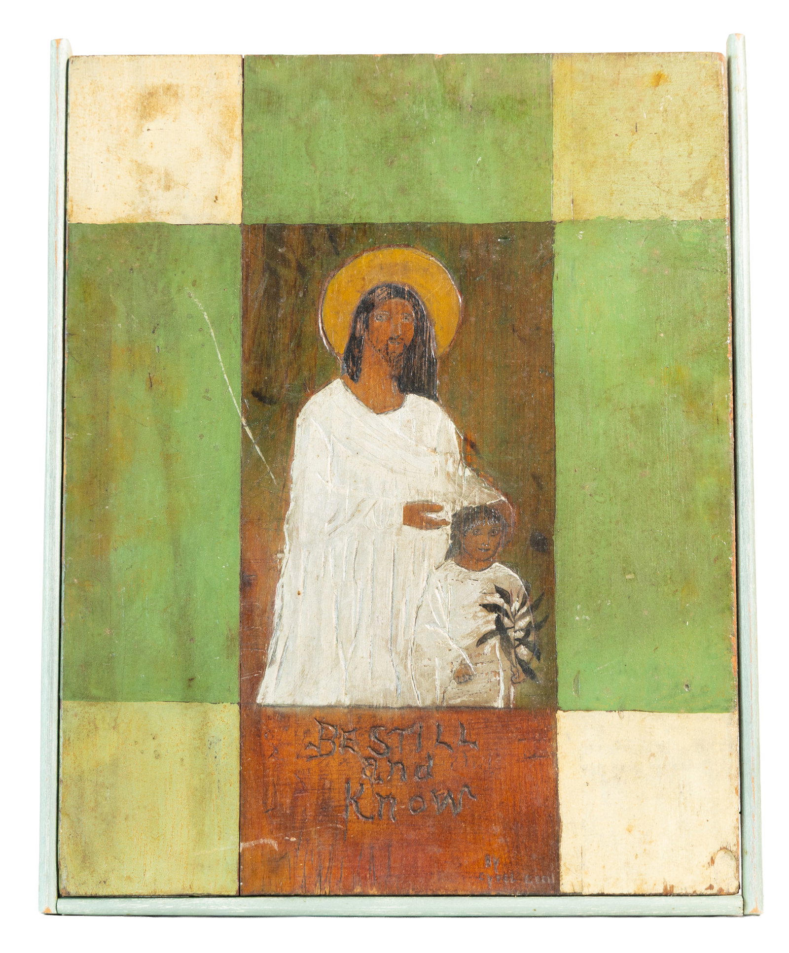 “Be Still and Know” Folk Art Religious Painting of Christ and Child on Weathered Wooden: This heartfelt folk art devotional painting depicts Christ gently resting a hand on a child who holds a sprig of leaves, symbolizing peace and protection. The central image is framed within a patchwor