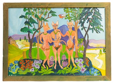 Vivid Folk Painting of Three Mythical Cat Figures in a Lush Fantasy Landscape by S. Büchi