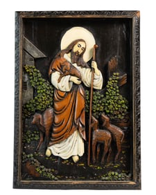 Carved “Good Shepherd” Relief Panel with Christ Among Lambs in Vintage Framed Presentation