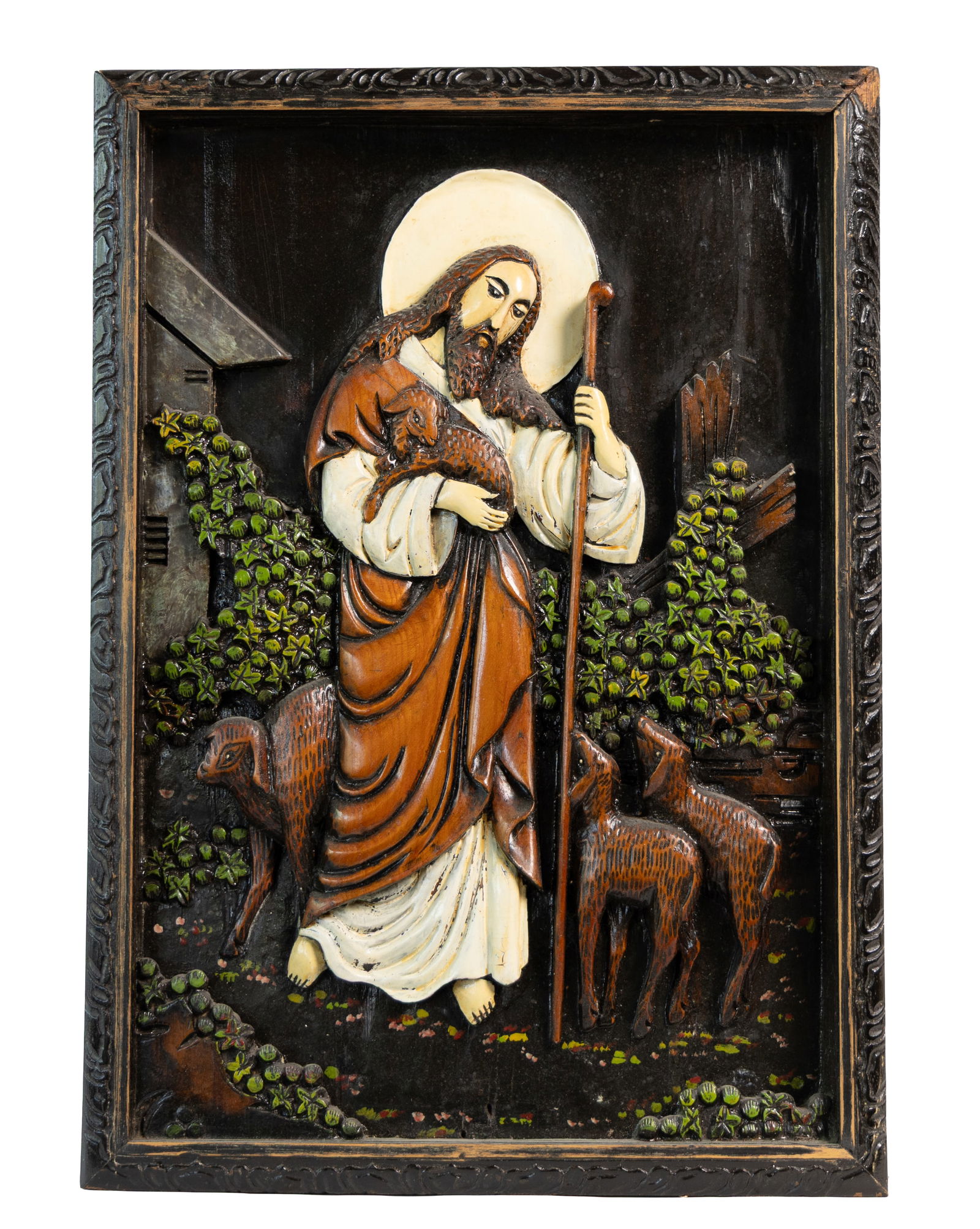 Carved “Good Shepherd” Relief Panel with Christ Among Lambs in Vintage Framed Presentation (1 of 4)