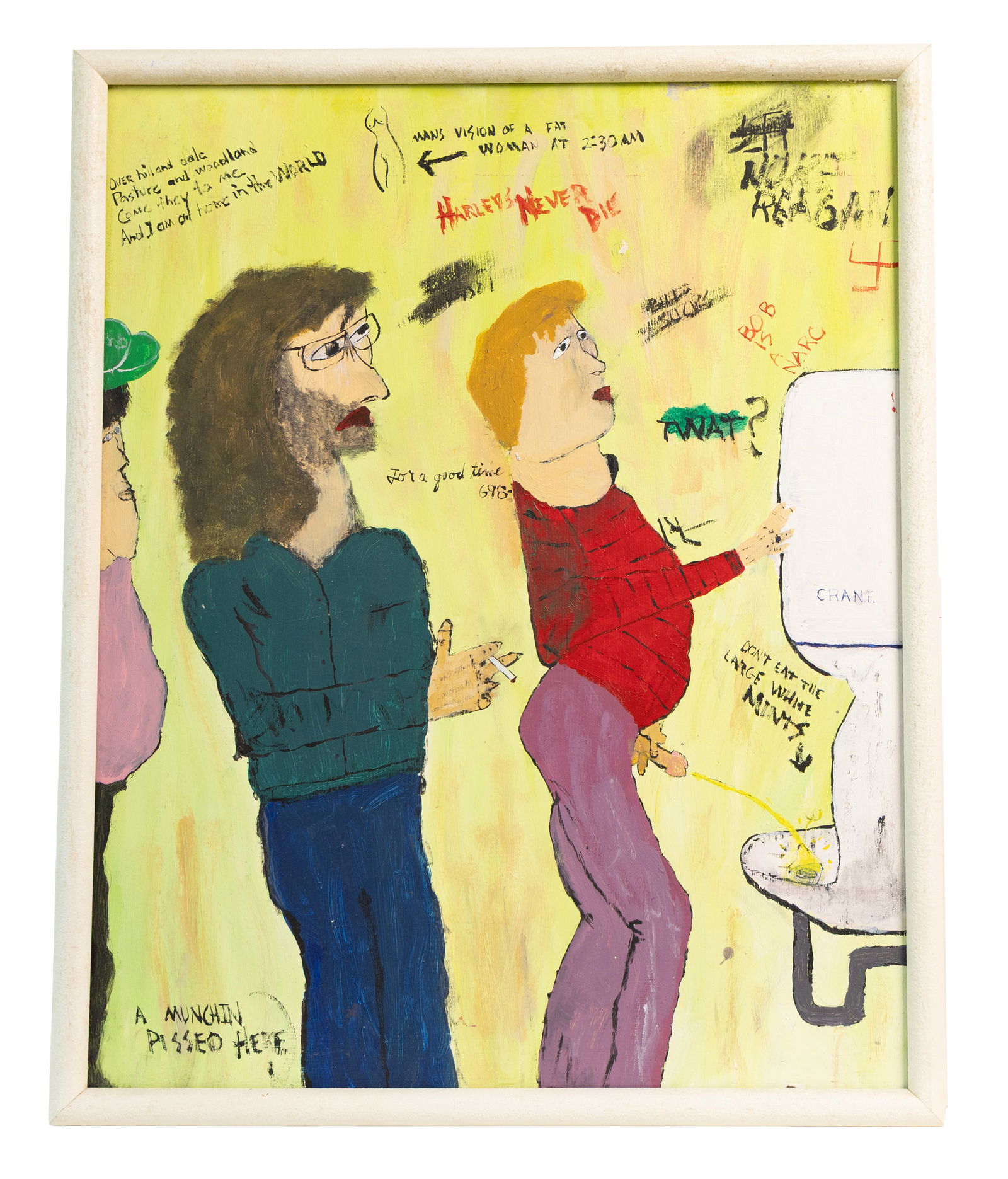 Humorous Outsider Bar Bathroom Scene with Graffiti and Figures in Bold Folk Style (1 of 3)