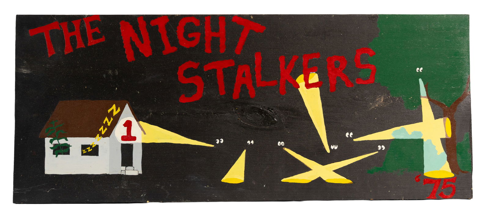 “1975 Folk-Art Camp Sign ‘The Night Stalkers’ With Flashlights and Cabin Imagery” (1 of 3)