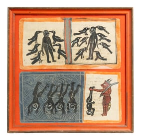 Folk Art Narrative Painting with Trickster Figure, Birds, and Stylized Human Forms
