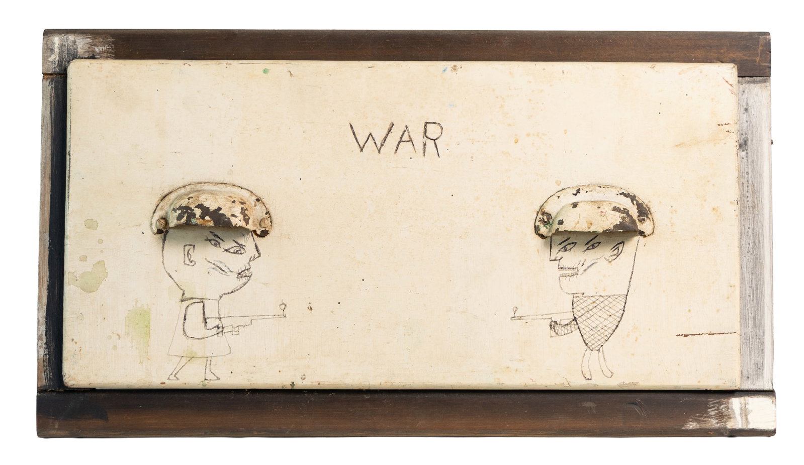 “WAR – Folk Art Mixed-Media Battle Scene with Metal Helmets, c. 1985”: This striking mixed-media folk artwork presents a simple yet powerful depiction of two soldiers facing off beneath the hand-scrawled word “WAR.” Each figure is drawn in an expressive, childlik