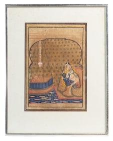 Antique Indian Miniature Painting of Mother and Child in Palace Interior