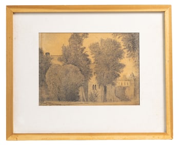 Vintage Architectural Landscape Drawing by Paul C. Newman Original Framed Artwork