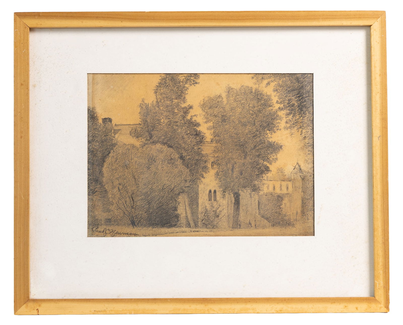 Vintage Architectural Landscape Drawing by Paul C. Newman Original Framed Artwork (1 of 3)