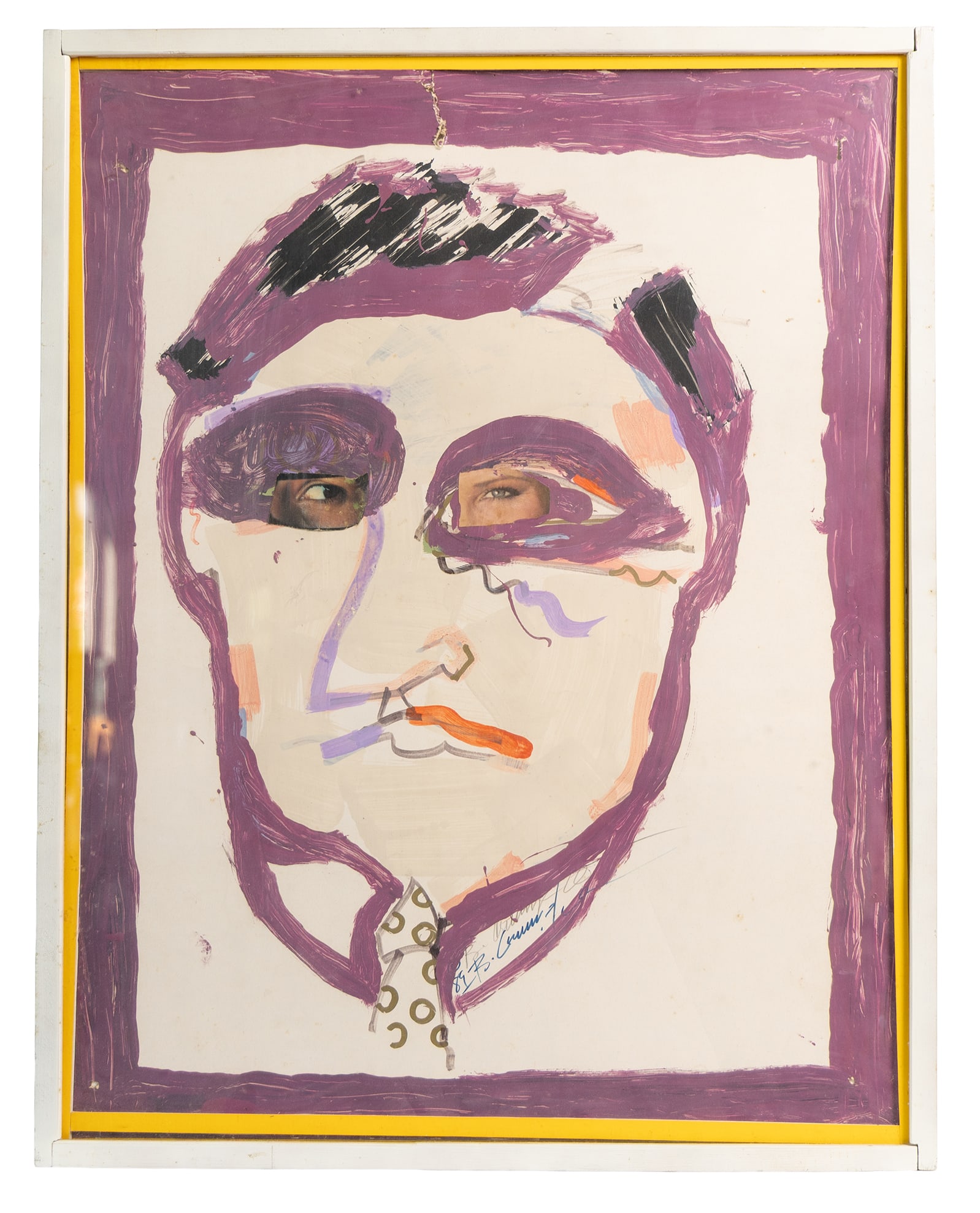 Expressive Purple Portrait with Collaged Eyes by Outsider Artist R.A. Cornell: This striking mixed-media portrait by R.A. Cornell blends hand-painted features with real photographic eyes, creating an unforgettable, surreal expression. Bold strokes of purple, peach, and black for