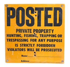 Vintage “POSTED” Private Property Sign with Bullet Holes on Rustic Wooden Backing