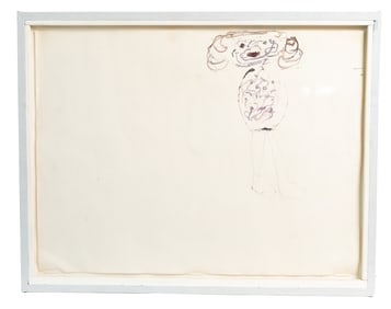 Whimsical Dog Human Anthropomorphic Figure Drawing in Soft Pastels, Framed Outsider-Style Artwork