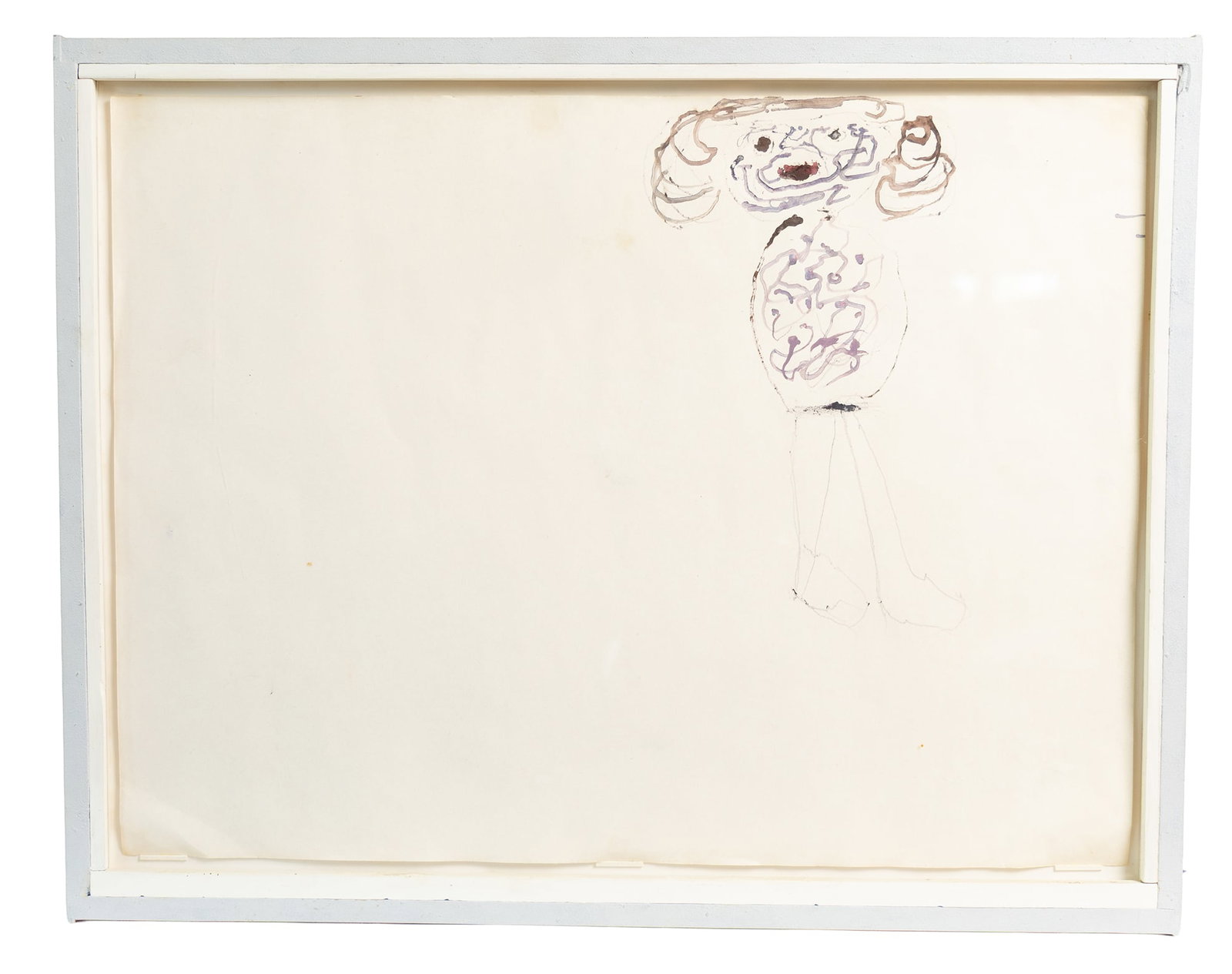 Whimsical Dog Human Anthropomorphic Figure Drawing in Soft Pastels, Framed Outsider-Style Artwork: This charming outsider-style drawing features a loosely sketched figure rendered in playful, swirling pastel lines that give it an almost child-like spontaneity. The minimal composition—placed high 