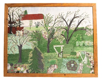 Charming Folk Art Spring Garden Landscape with Blossoming Trees Oil Painting