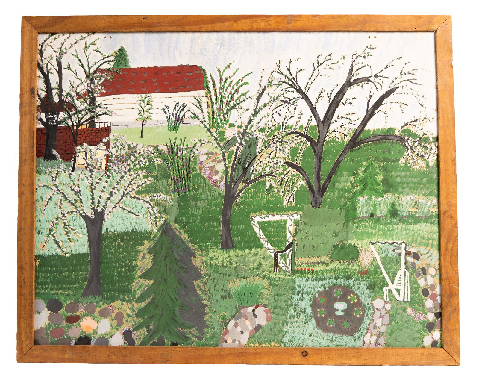 Charming Folk Art Spring Garden Landscape with Blossoming Trees Oil Painting (1 of 3)