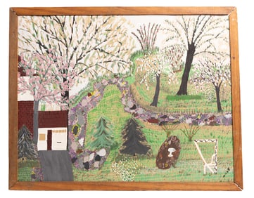 Vibrant Folk Art Spring Landscape with Blossoming Trees and Winding Garden Path Oil Painting